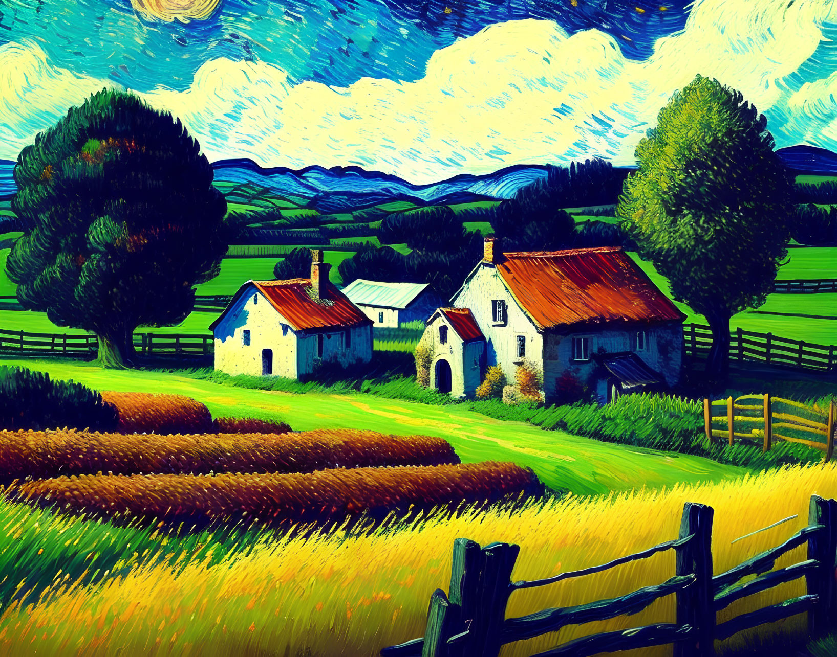 Colorful rural landscape painting with whimsical trees, cottage, and golden fields under a dynamic blue sky