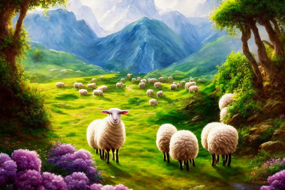 Vibrant pastoral scene: sheep grazing in green meadow with trees, flowers, and mountains.