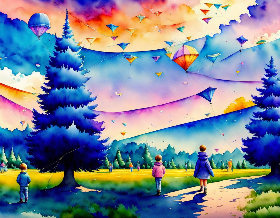 Vibrant artwork of children watching kites and hot air balloons in colorful landscape