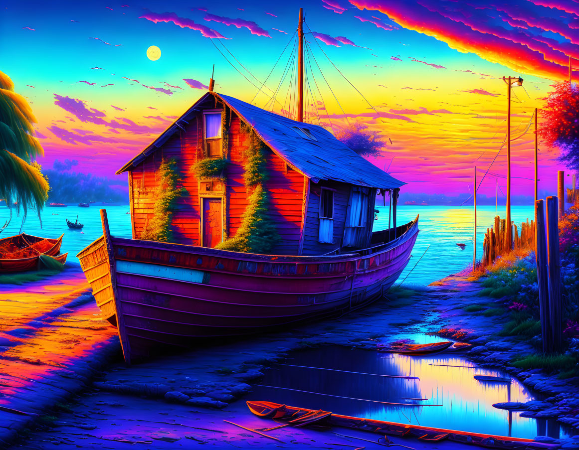 Vibrant digital artwork: Sunset over lake with houseboat