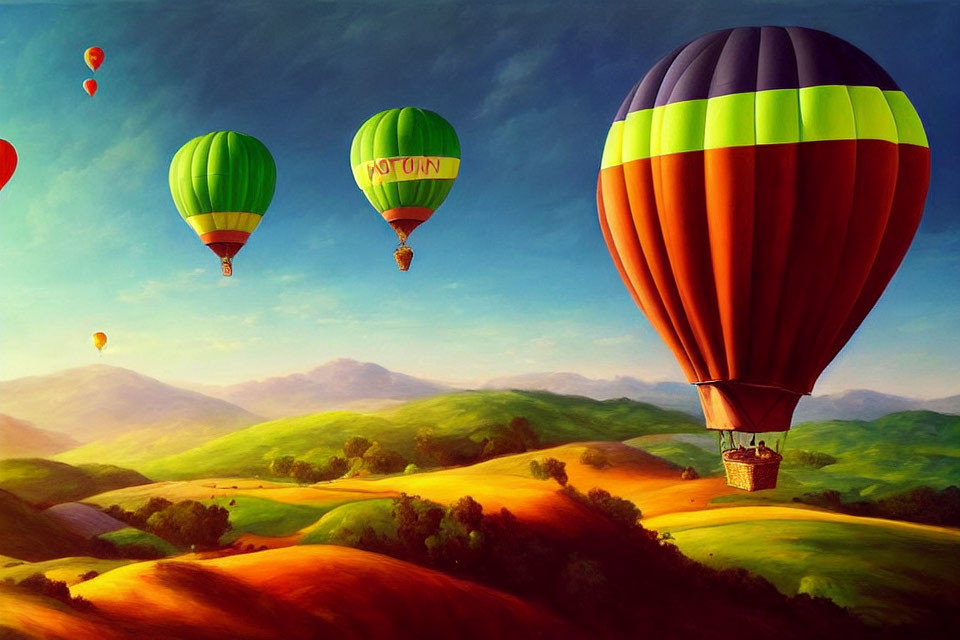 Vibrant hot air balloons in scenic landscape with green hills and blue sky