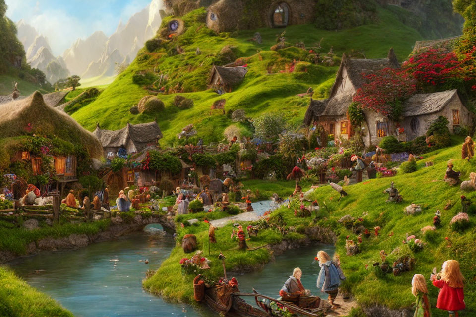 Charming village with hobbit-hole houses, greenery, flowers, and riverside setting