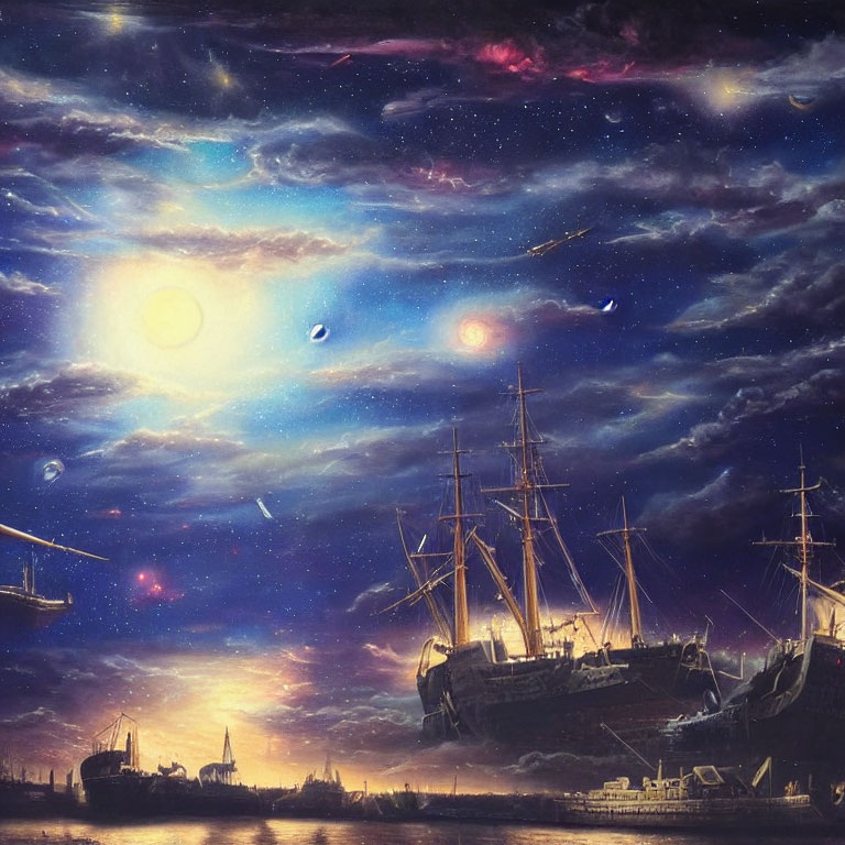 Fantastical scene of sailing ships in cosmic sky