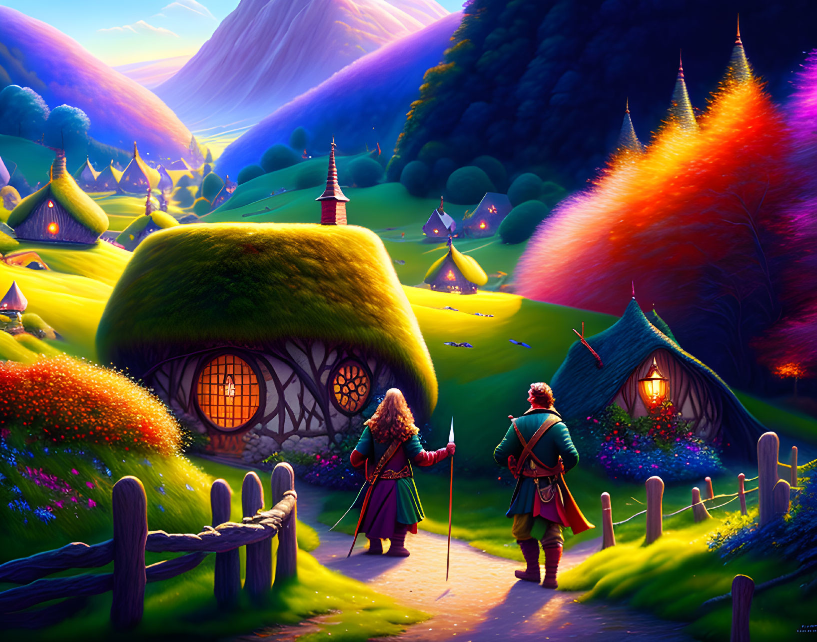 Medieval-themed artwork featuring two figures in vibrant village landscape