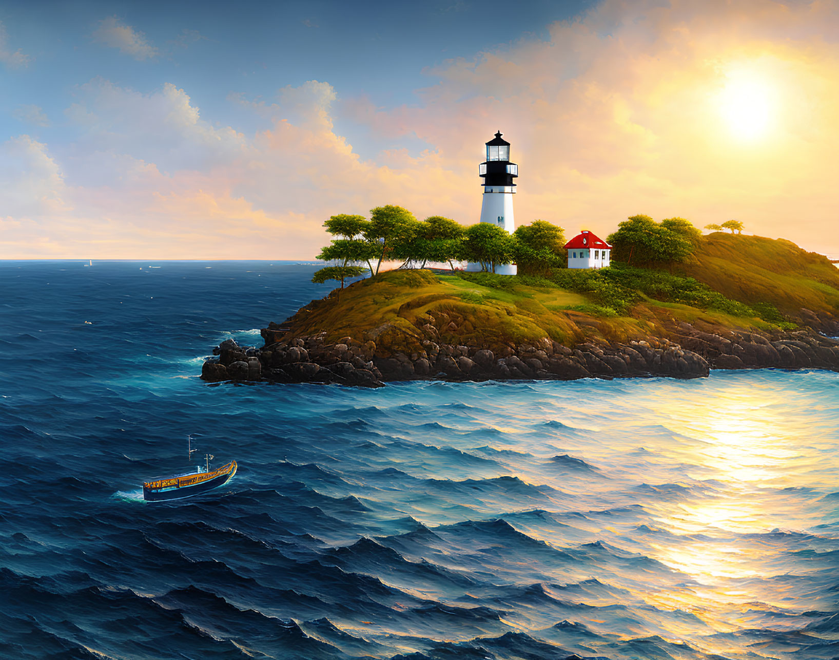 Lighthouse on Vibrant Green Islet at Sunset