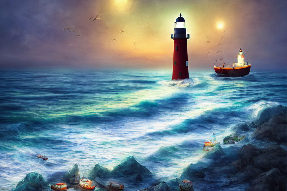 Red lighthouse on rocky shore with boat in stormy sea under dramatic sky.