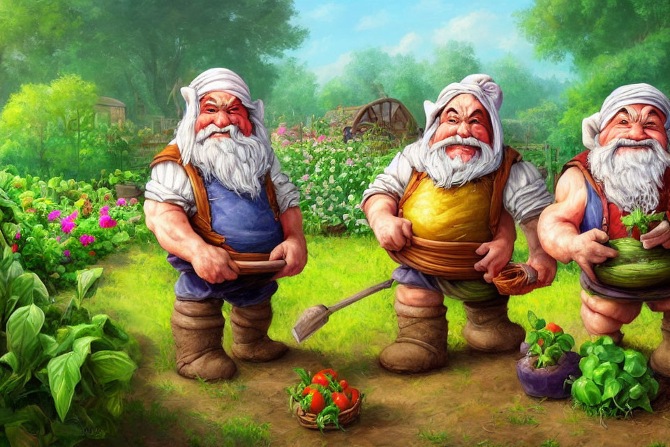 Cartoon dwarfs in lush garden with hoe, picking vegetables, and watering can