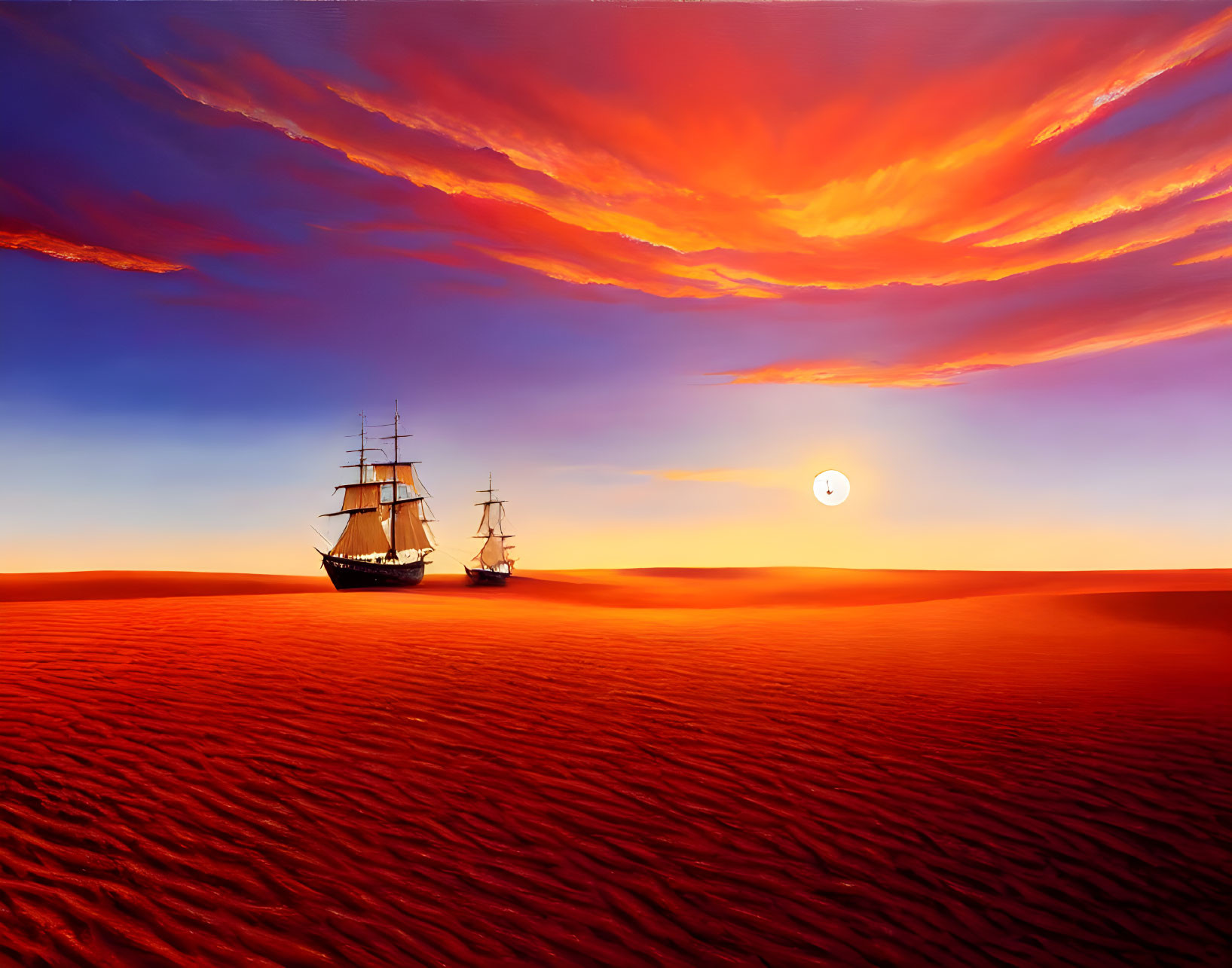 Sailing ships in surreal desert with dramatic sunset sky