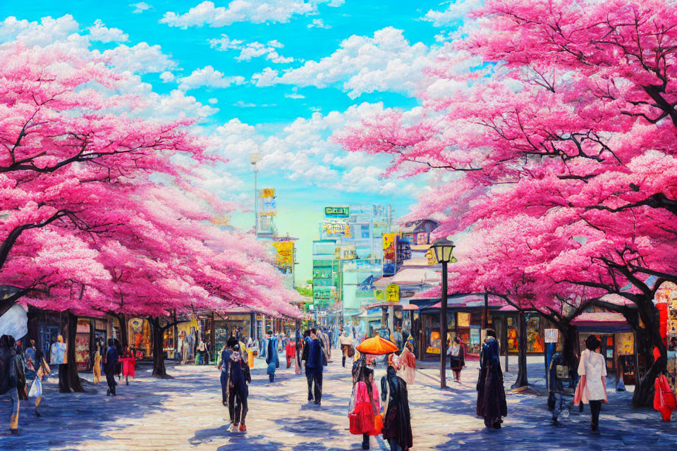 Cherry Blossom Trees in Full Bloom on Vibrant Street