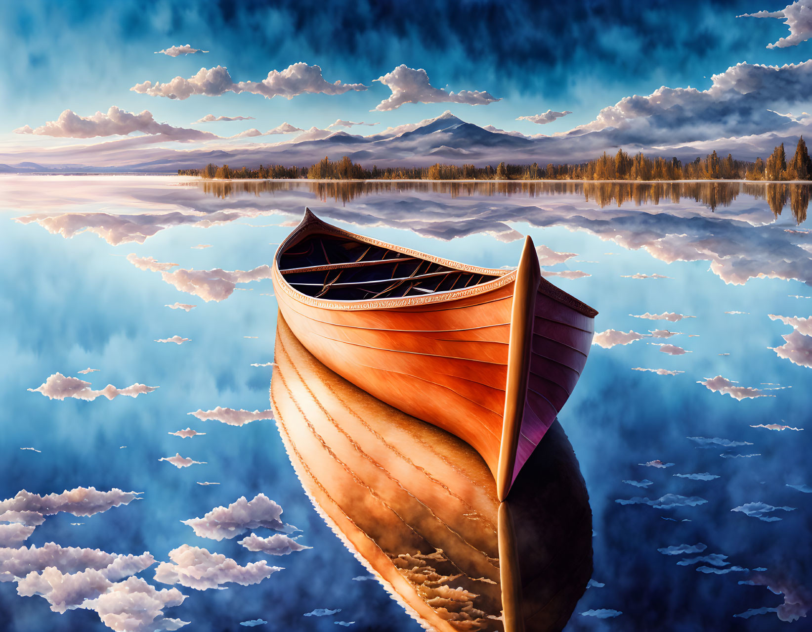 Tranquil Lake Scene: Sky, Clouds, Canoe, Mountains at Dusk