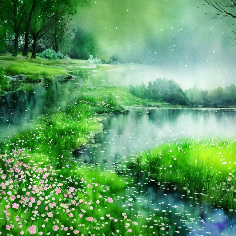 Tranquil watercolor painting of a serene lake in nature