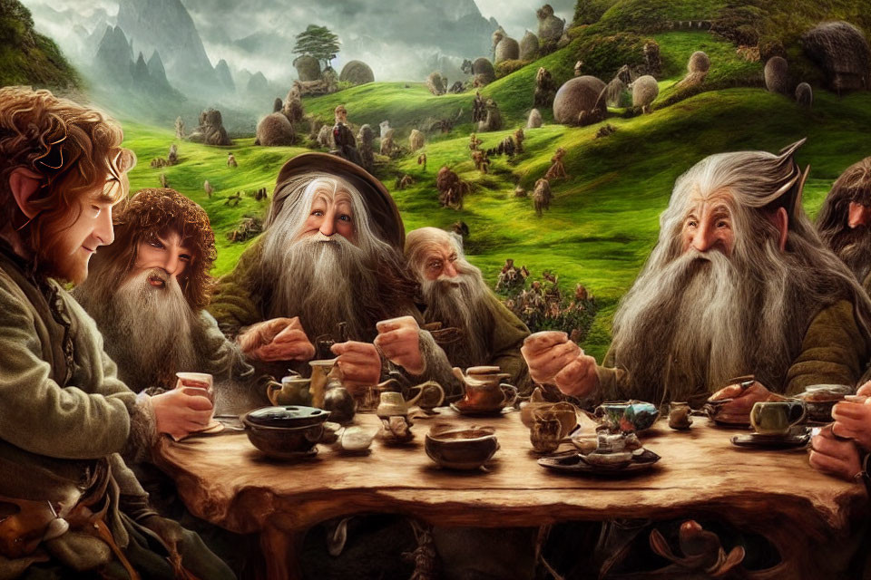 Fantasy characters gathering around rustic table in lush landscape