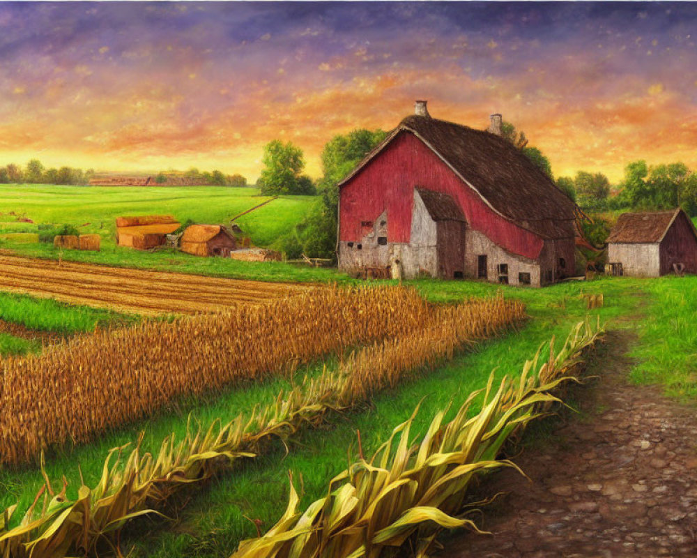 Rural Scene with Red Barn, Golden Fields, and Sunset Sky