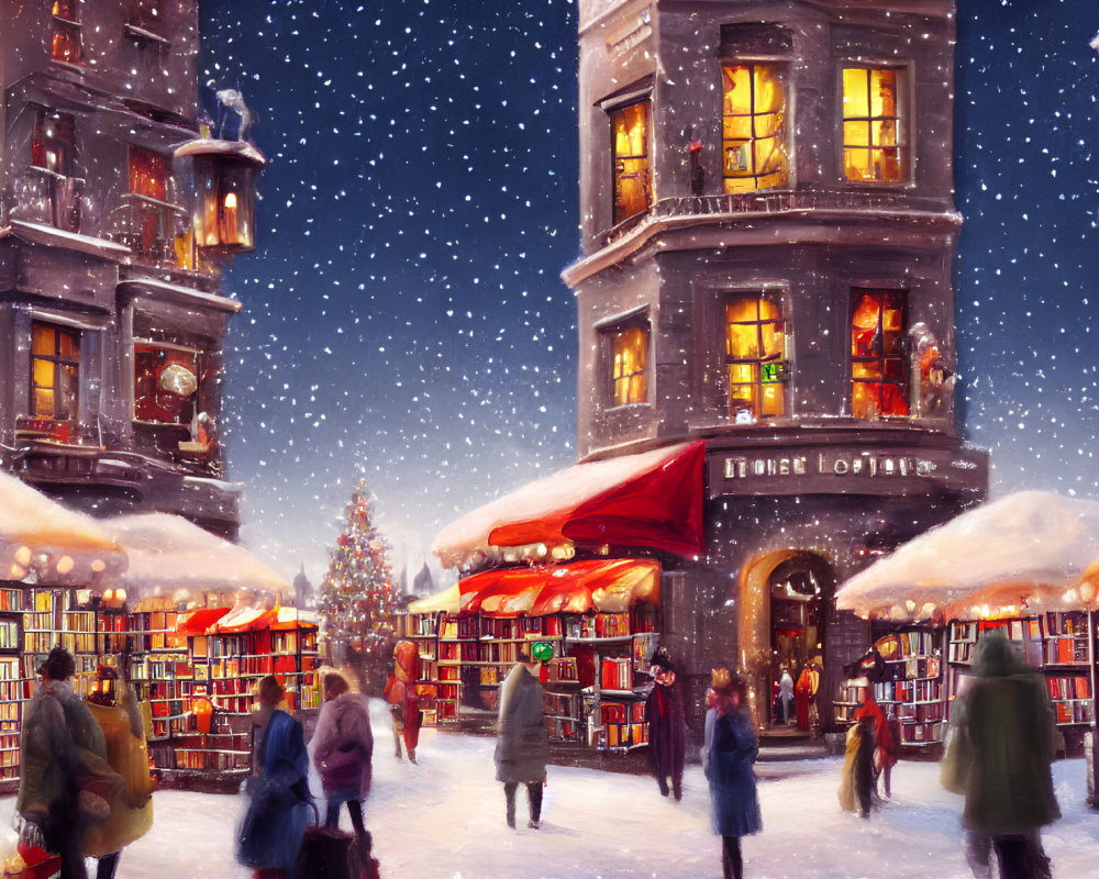 Snowy Street Scene with Bookshelves and Christmas Tree