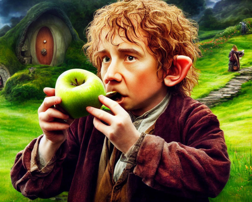 Pointed Eared Character with Green Apple in Fantasy Landscape