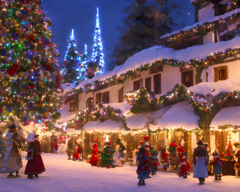 Vintage Christmas village scene with snow-covered houses and festive decorations.