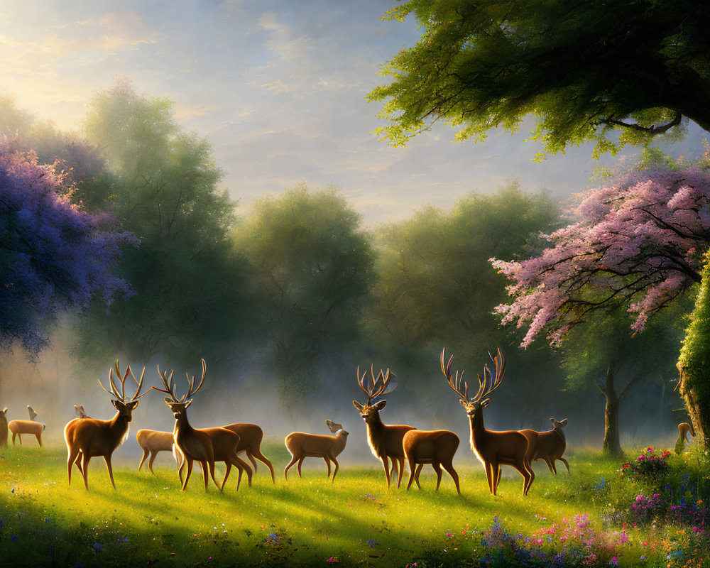 Tranquil forest landscape with deer and flowering trees