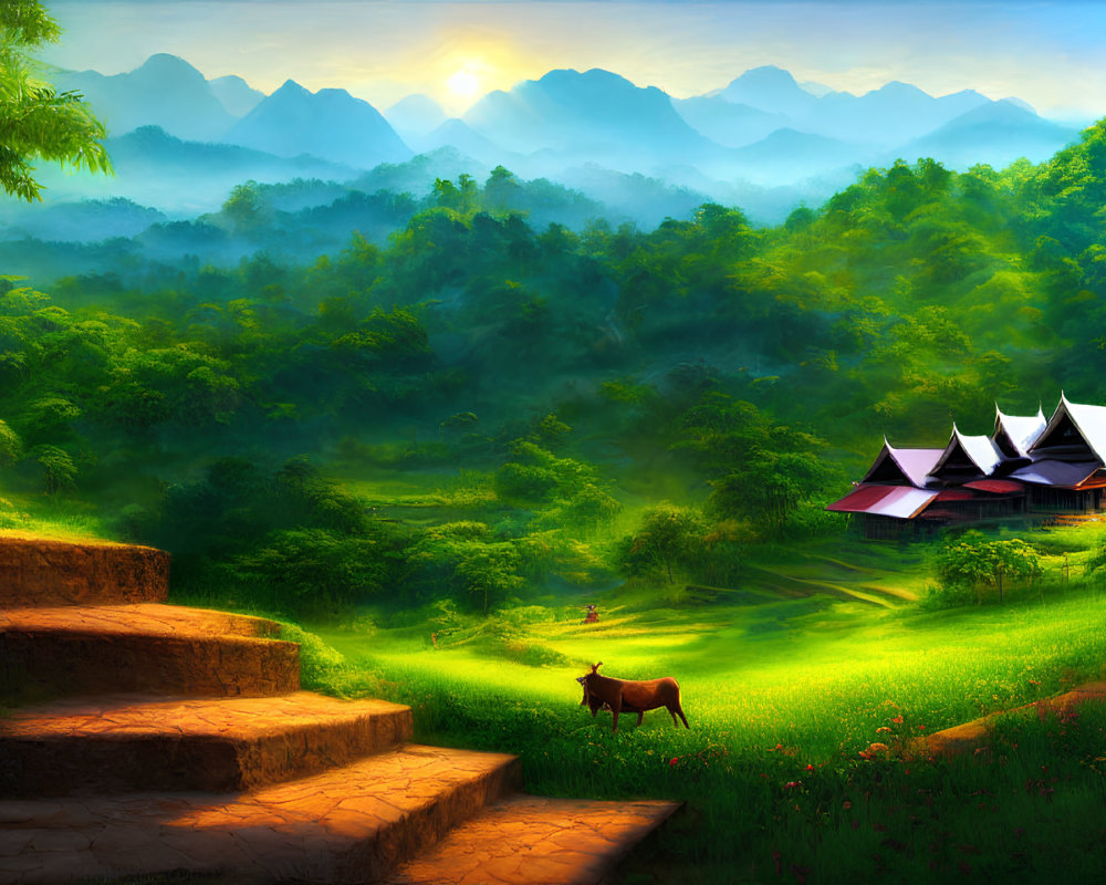 Tranquil landscape with sunlit mountains, traditional houses, cow grazing, and stone steps