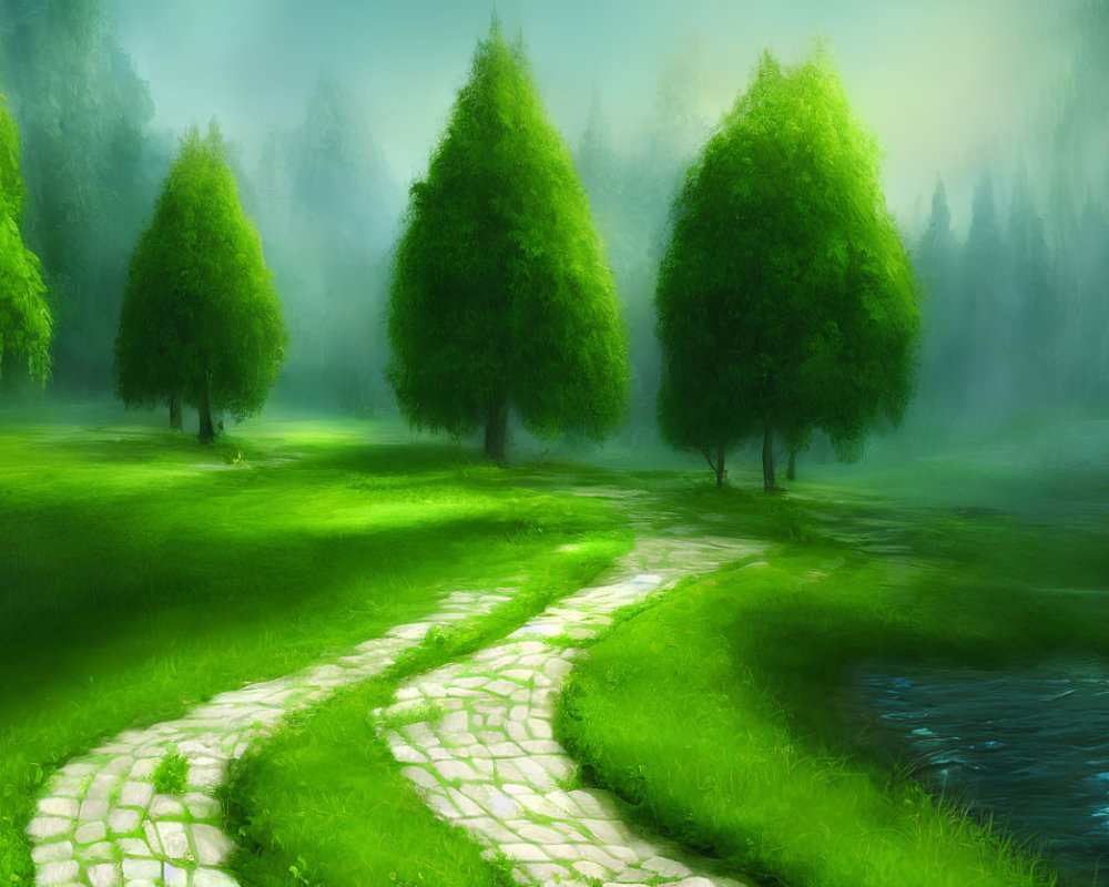 Fantastical landscape with cobblestone path through lush meadow.