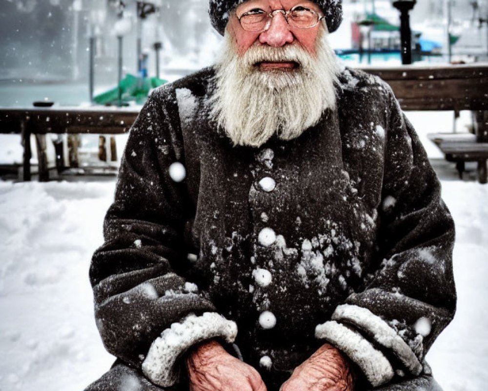 Elderly man in horned hat and warm coat on snowy bench