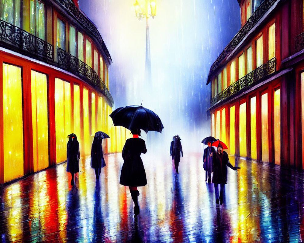 Colorful Rainy Corridor with Umbrella-Carrying People and Reflective Floor