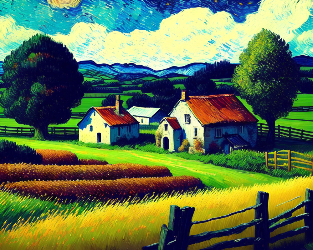 Colorful rural landscape painting with whimsical trees, cottage, and golden fields under a dynamic blue sky