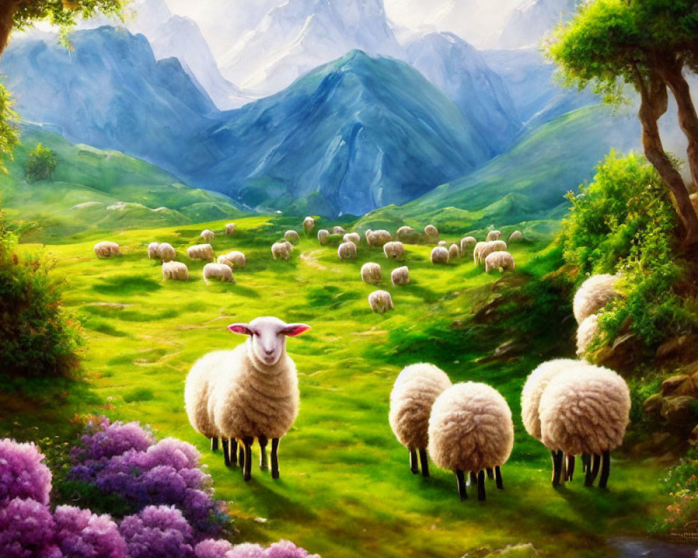 Vibrant pastoral scene: sheep grazing in green meadow with trees, flowers, and mountains.