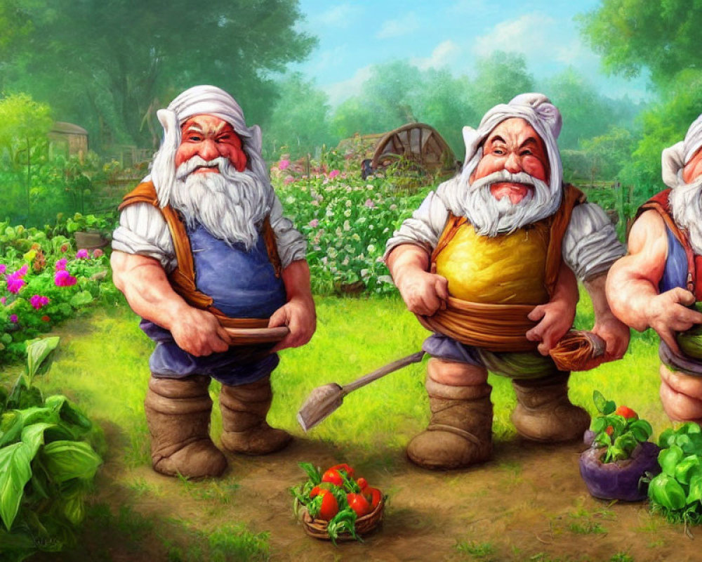 Cartoon dwarfs in lush garden with hoe, picking vegetables, and watering can