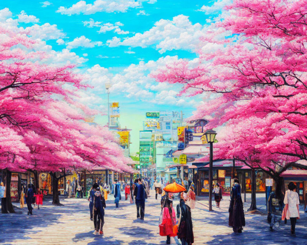 Cherry Blossom Trees in Full Bloom on Vibrant Street