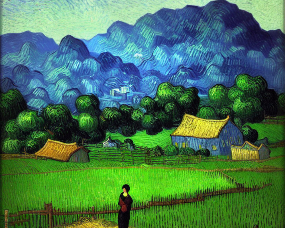 Colorful swirling sky, figure, cottages, and hills in Van Gogh style