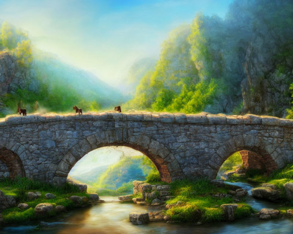 Tranquil landscape with ancient stone bridge over river