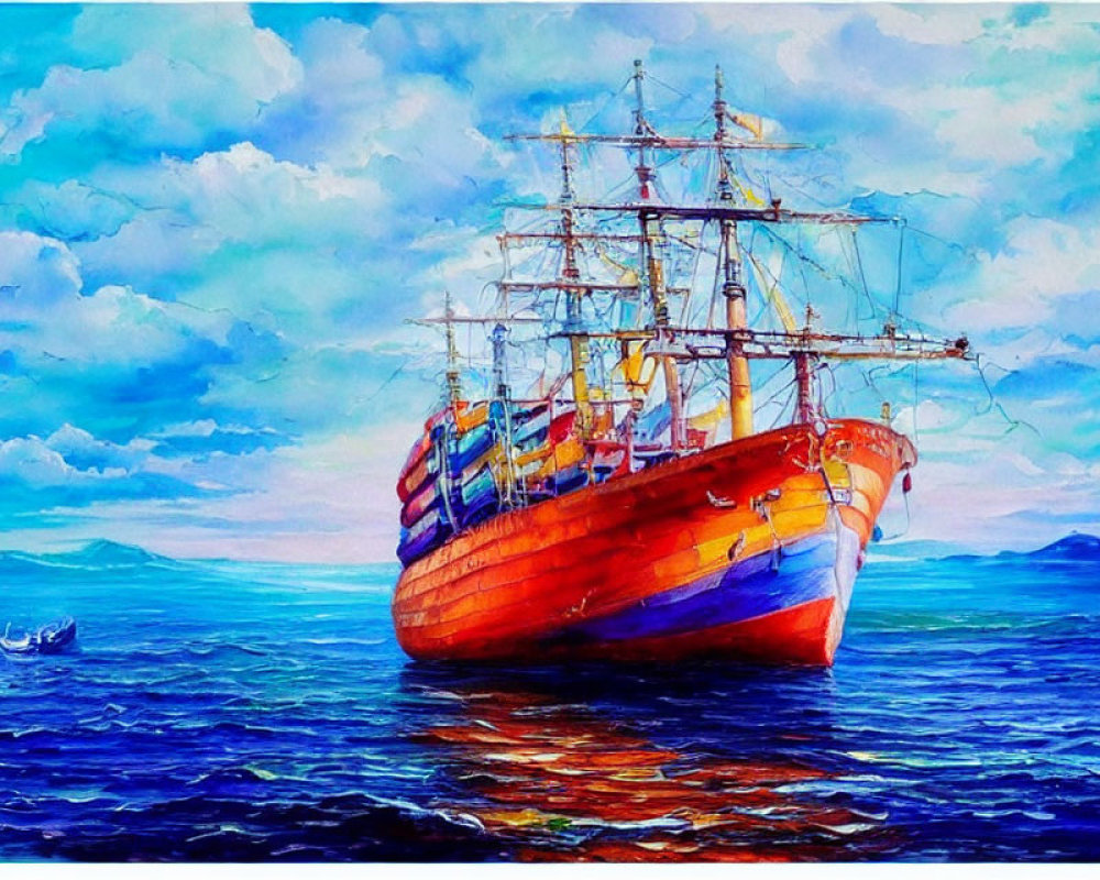 Vibrant tall ship painting on blue sea with mountains horizon