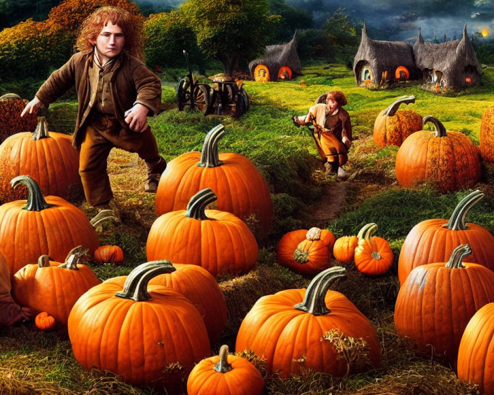 Curly-haired individuals in pumpkin patch with cottages under full moon