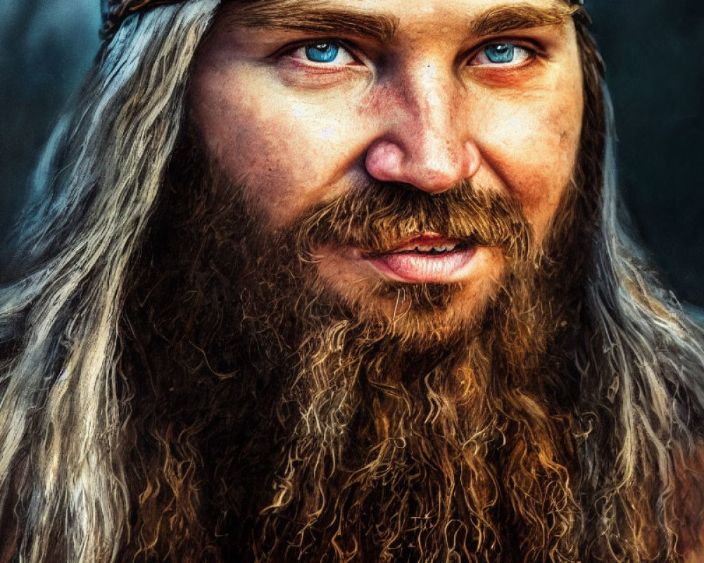 Detailed Close-Up Portrait of Man with Long Blonde Hair and Blue Eyes