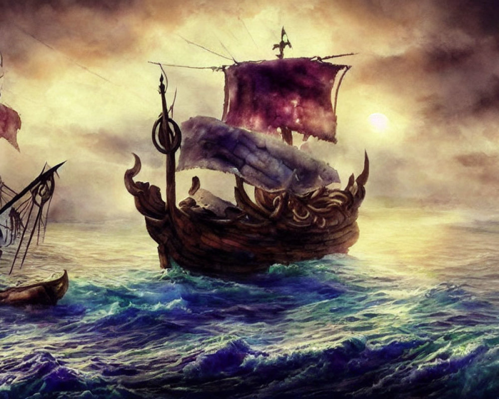 Ancient sailboat with purple sails in turbulent seas at dusk