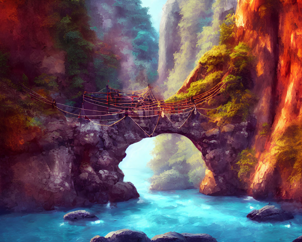 Rustic rope bridge over river in colorful canyon with arched rock formation