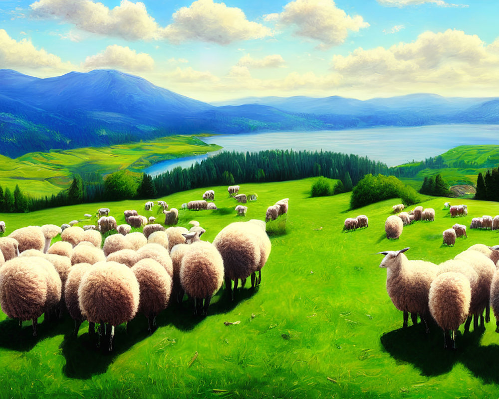 Sheep grazing on lush green hillside with mountains and river backdrop