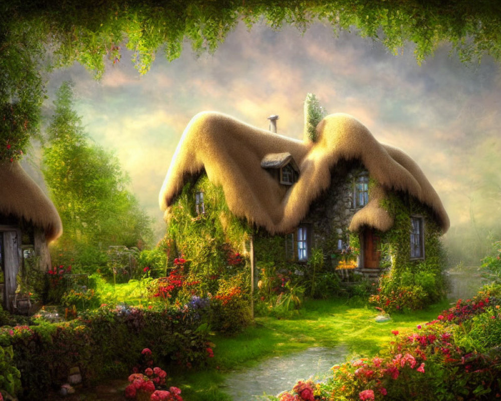 Quaint cottage with mossy thatched roofs and colorful gardens