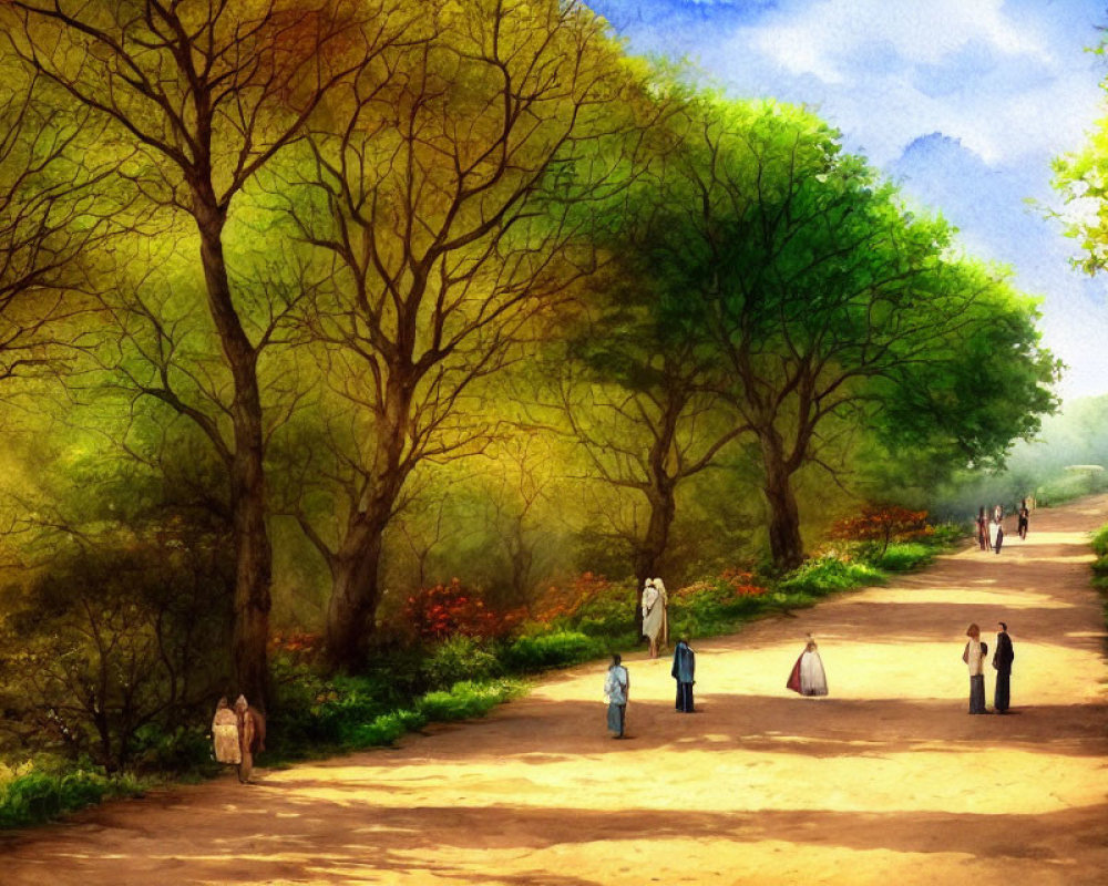 Tranquil park scene with people walking and chatting among lush greenery