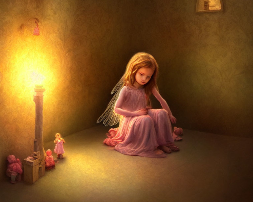 Young girl in pink dress surrounded by toys under warm lamppost light.