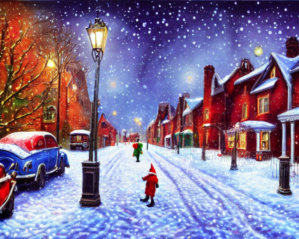 Snow-covered street with colorful houses, vintage car, street lamp, and children playing in winter scene