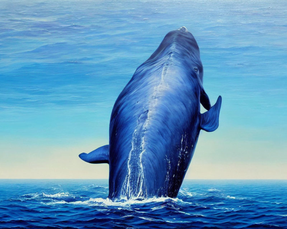 Giant blue whale breaching ocean surface with cascading water against serene backdrop