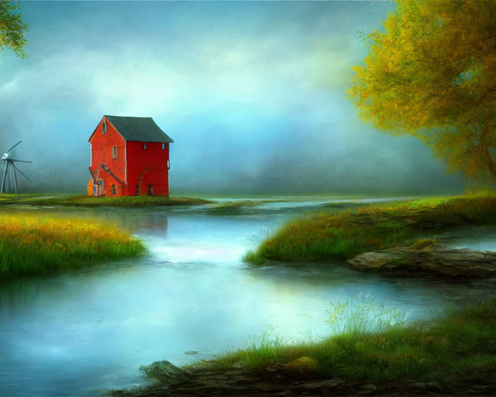 Tranquil landscape with red house, stream, windmill, greenery & fog