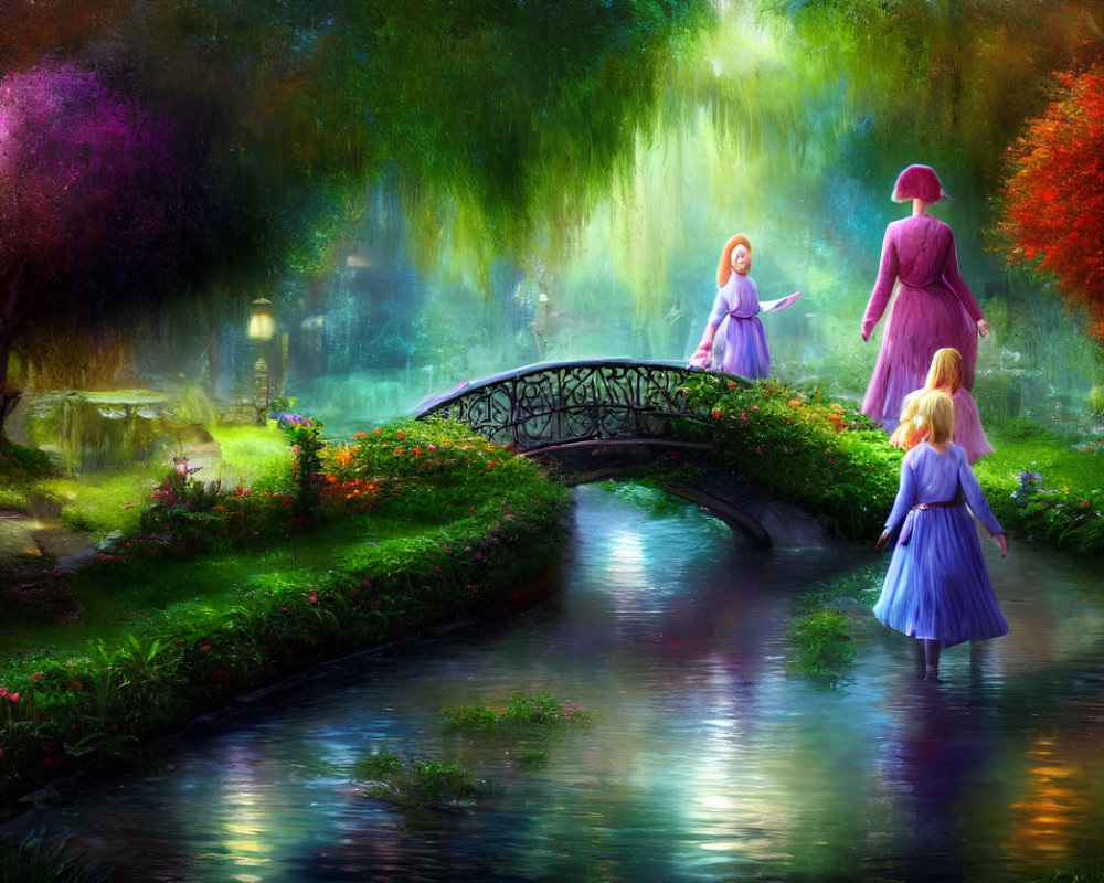 Colorful fantasy garden with stream, bridge, and four figures in period attire