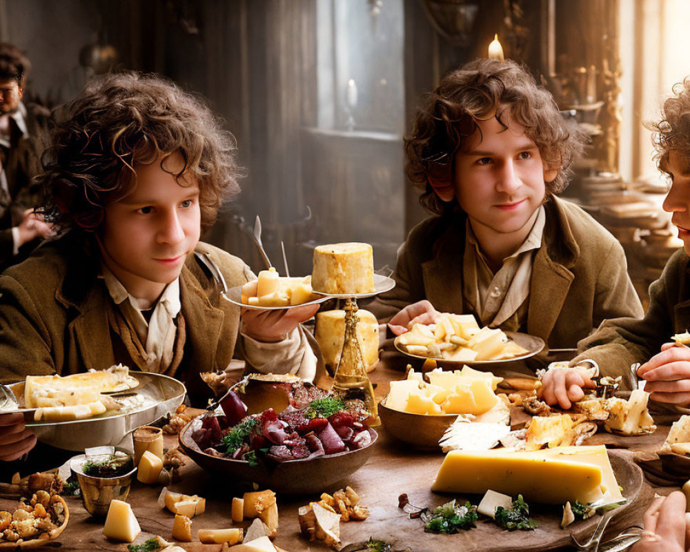 Group enjoying bountiful feast with cheeses, meats, and bread in rustic setting