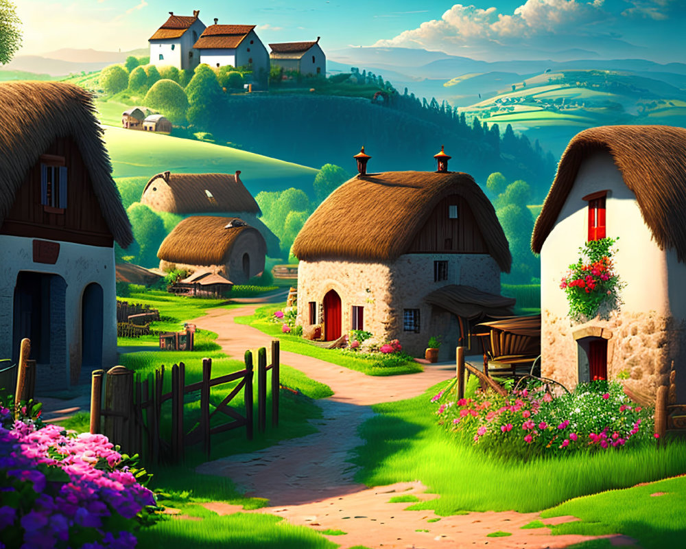 Tranquil rural scene with thatched cottages, blooming flowers, winding path, and distant