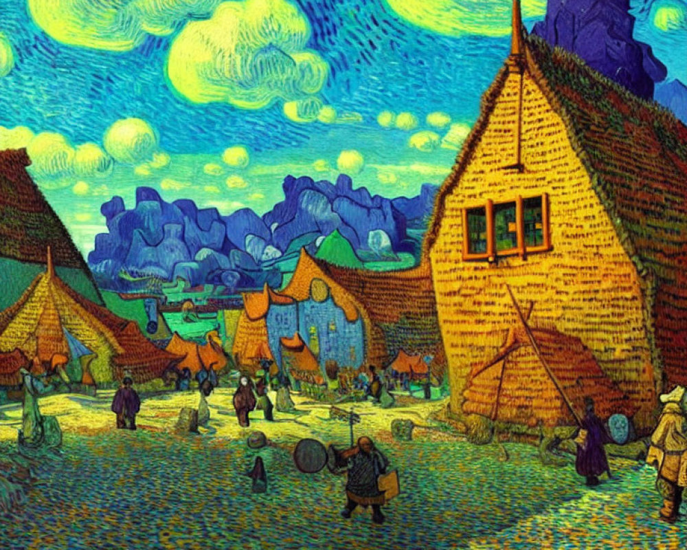 Colorful Painting of Rustic Village Scene with Swirl Pattern Sky