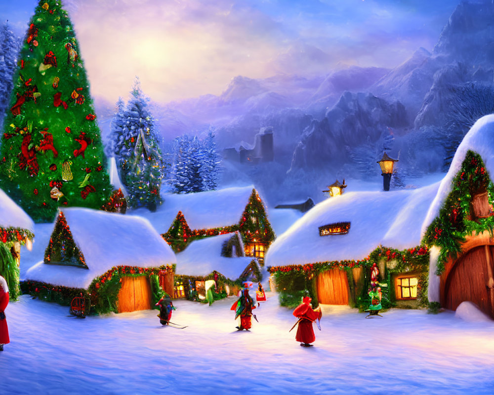 Snow-covered village with Christmas decorations and Victorian attire at dusk