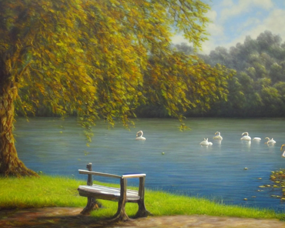 Tranquil lakeside with swans, tree, bench, and lush greenery