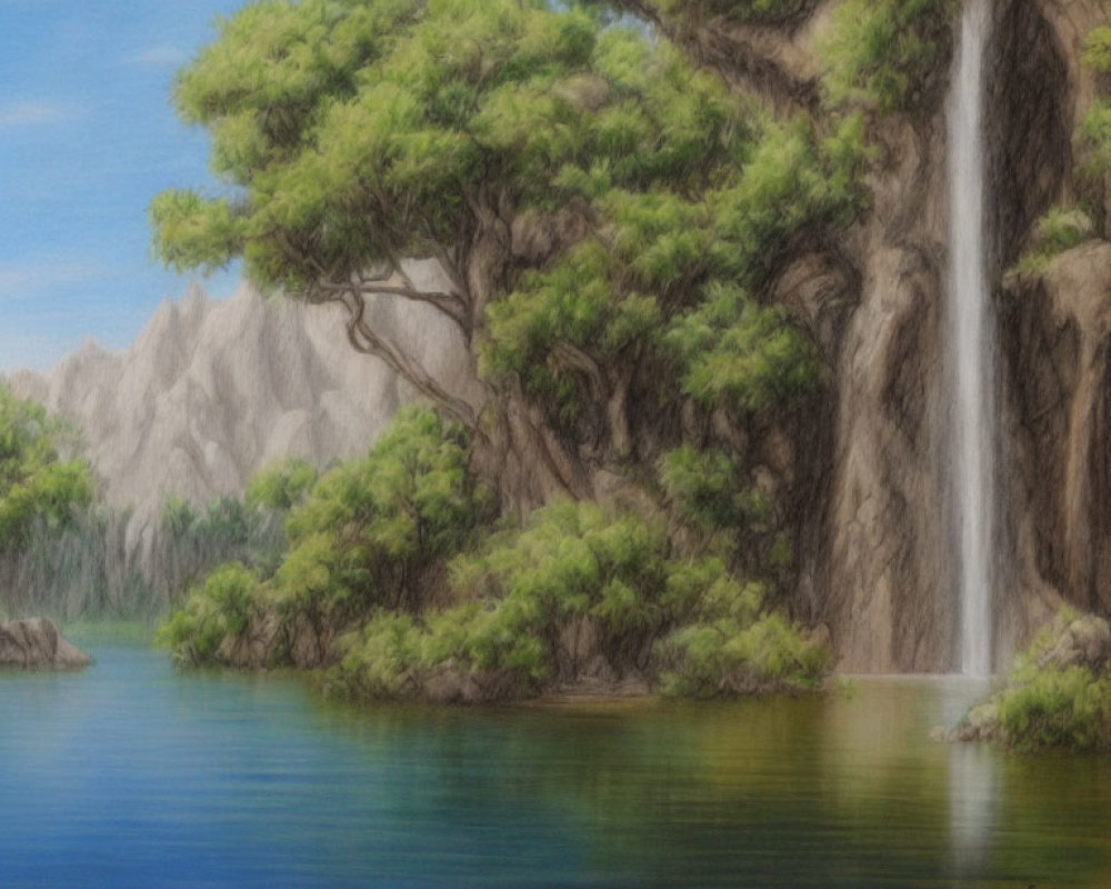 Tranquil landscape: Waterfall, lake, greenery, pine trees, mountains